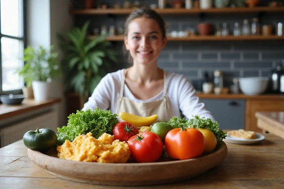 Healthy food, fresh ingredients, vibrant fruits and vegetables, a person looking energetic and happy